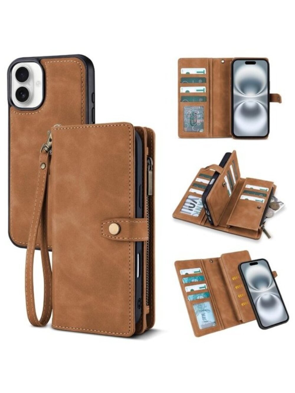 🆕Brown PU Leather Wallet Case for iPhone 16 – Magnetic Detachable 6.1" Cover
